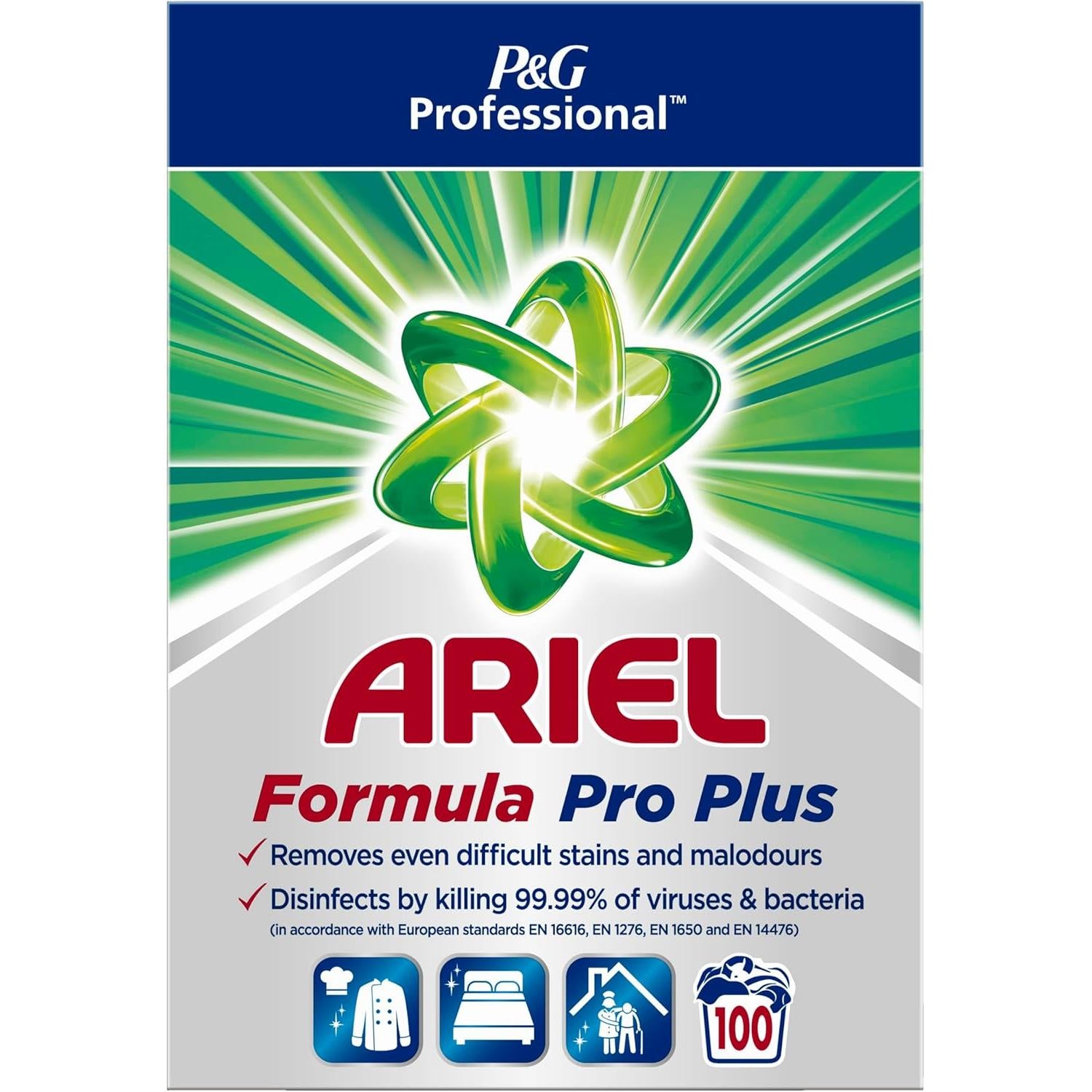 Ariel Professional antibacterial laundry powder in 6.5kg pack, designed for heavy-duty washing and 100 loads.