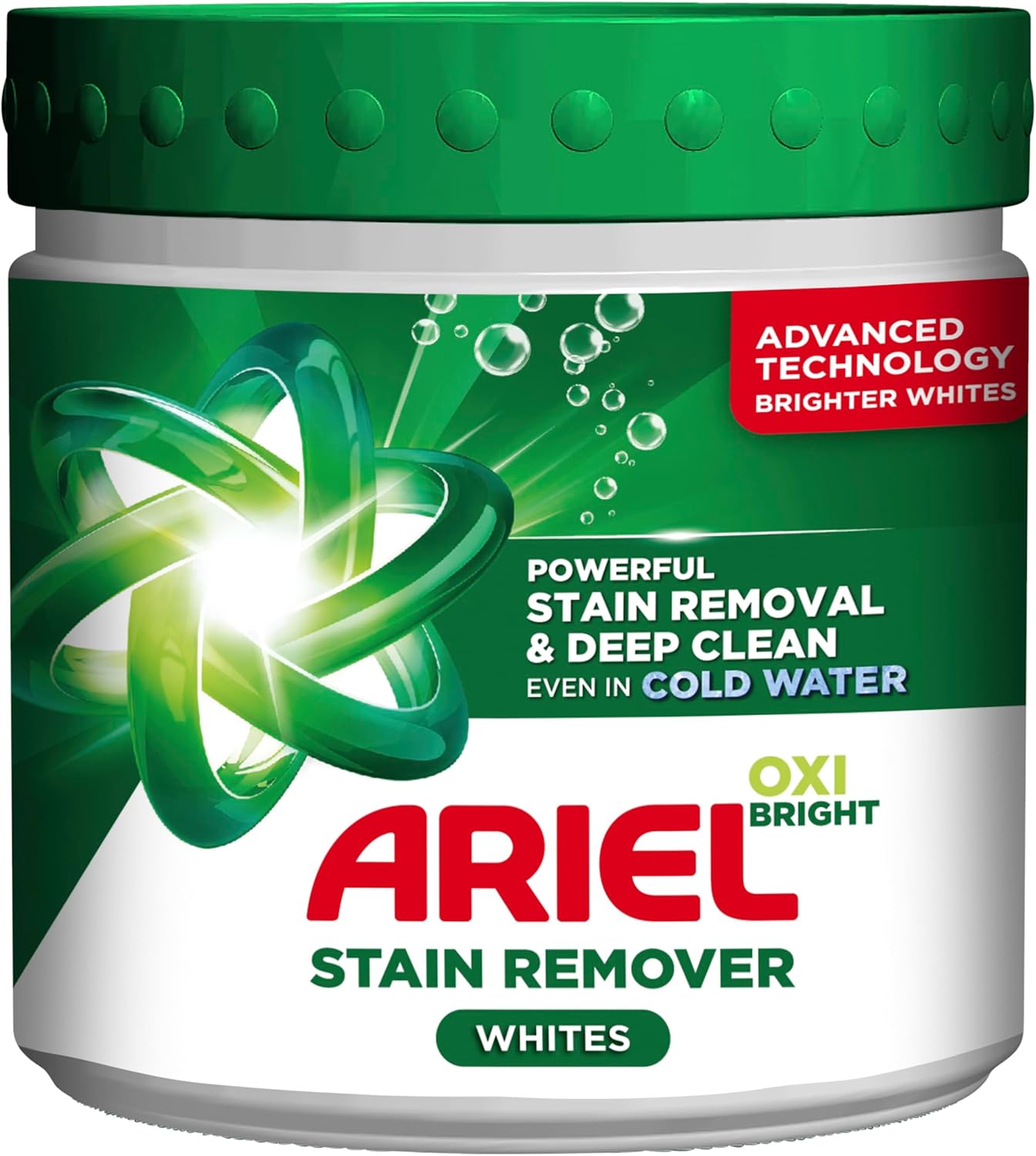 Ariel Oxi Bright laundry stain remover powder for whites, 500g, in a white plastic container with product label.