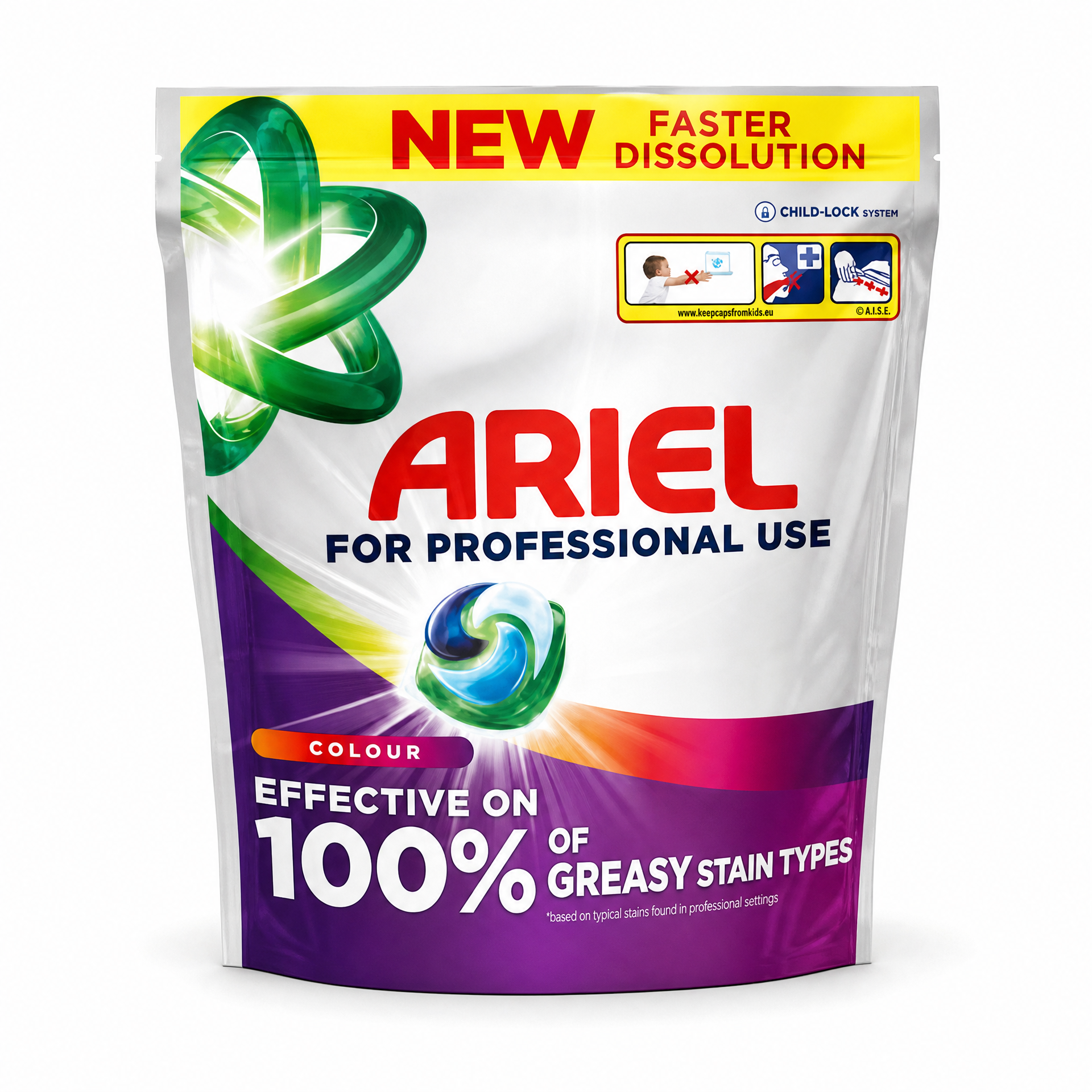 Ariel Professional Liquipods laundry pods in a single pack, showing colorful capsules designed for effective bulk laundry cleaning.