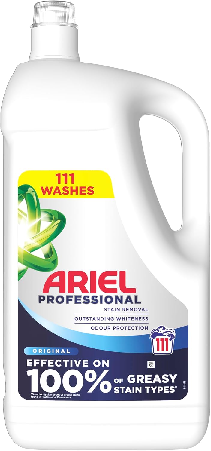 Ariel Professional Liquid Laundry Detergent in a large 4.995L bottle, suitable for 111 washes, perfect for bulk laundry cleaning.