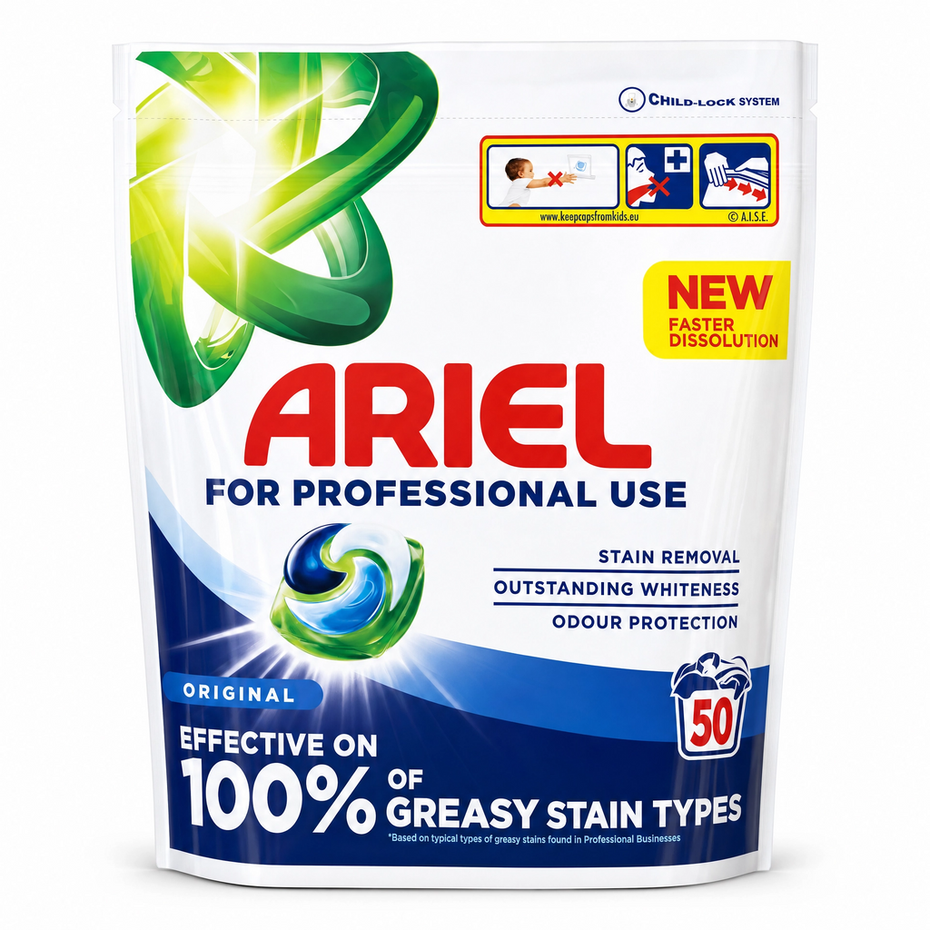 Ariel Professional Liquipods all-in-one laundry pods in a box, showcasing 50 and 100 pod packs for bulk laundry cleaning.