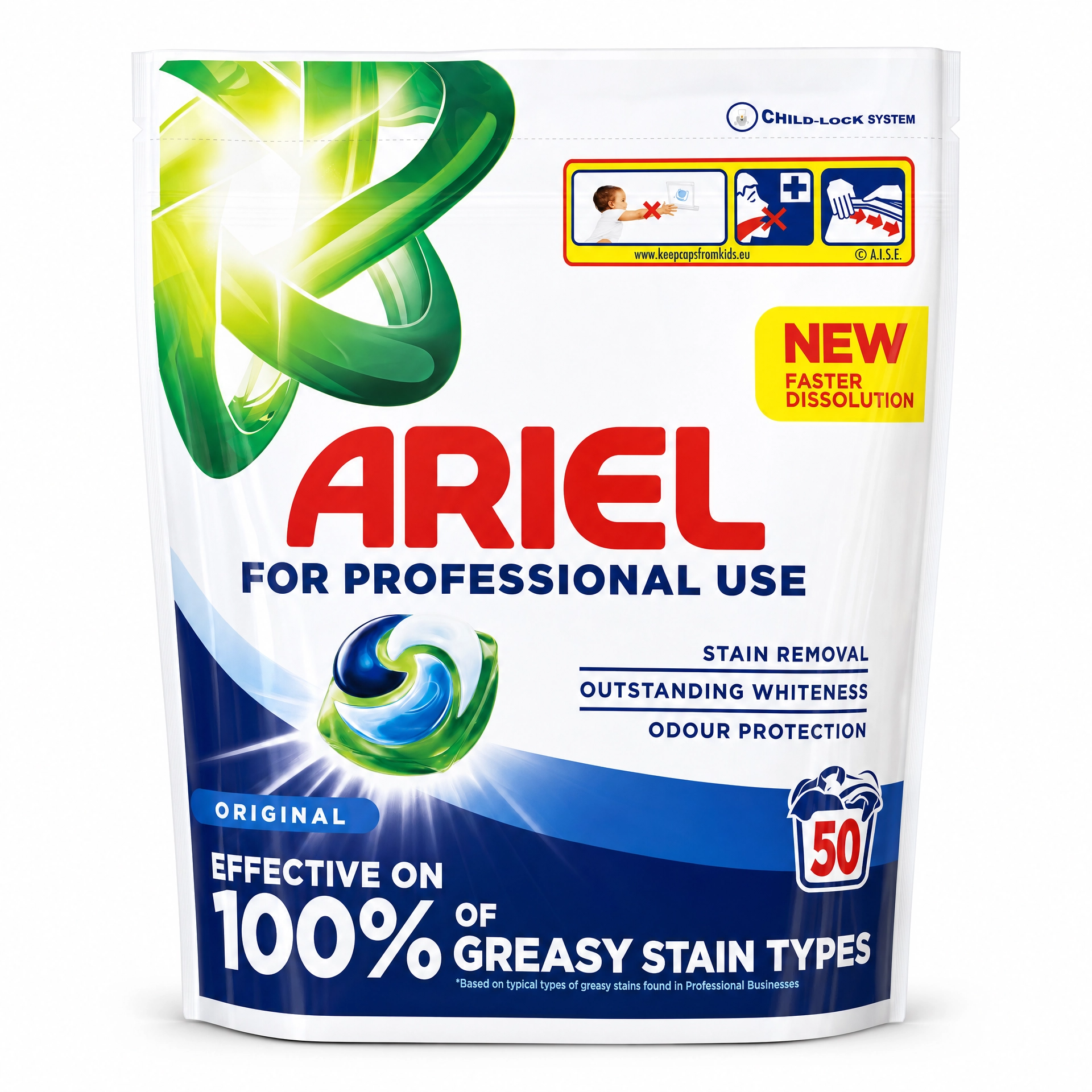 Ariel Professional Liquipods all-in-one laundry pods in a box, showcasing 50 and 100 pod packs for bulk laundry cleaning.