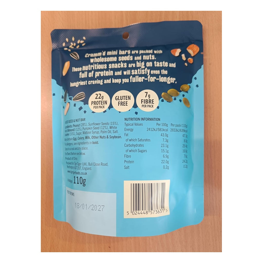 Cramm’d Mini Crispy Protein Bars 110g with sesame, pumpkin, and mixed seeds in a multipack, showing the snack bars with seeds.