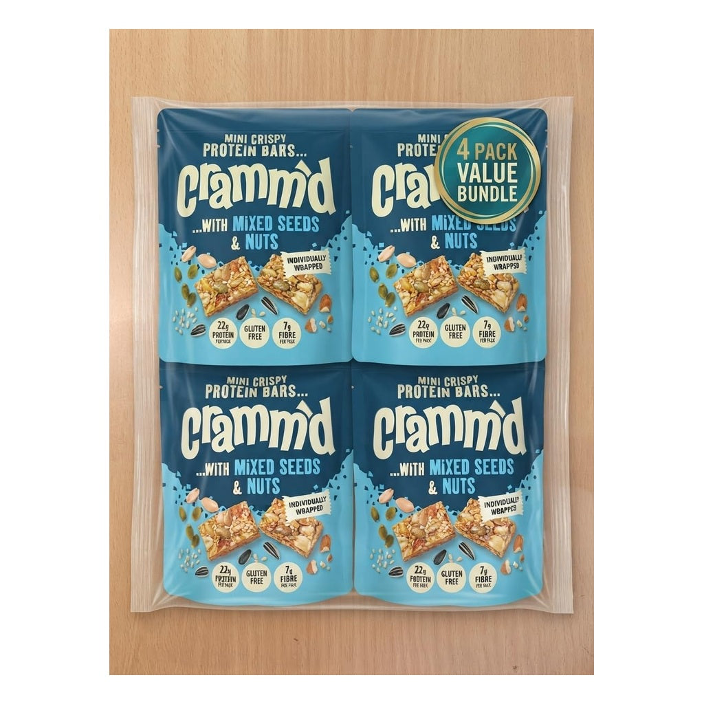 Cramm’d Mini Crispy Protein Bars with sesame, pumpkin, and mixed seeds, 110g multipack, showing crispy texture and seed toppings.