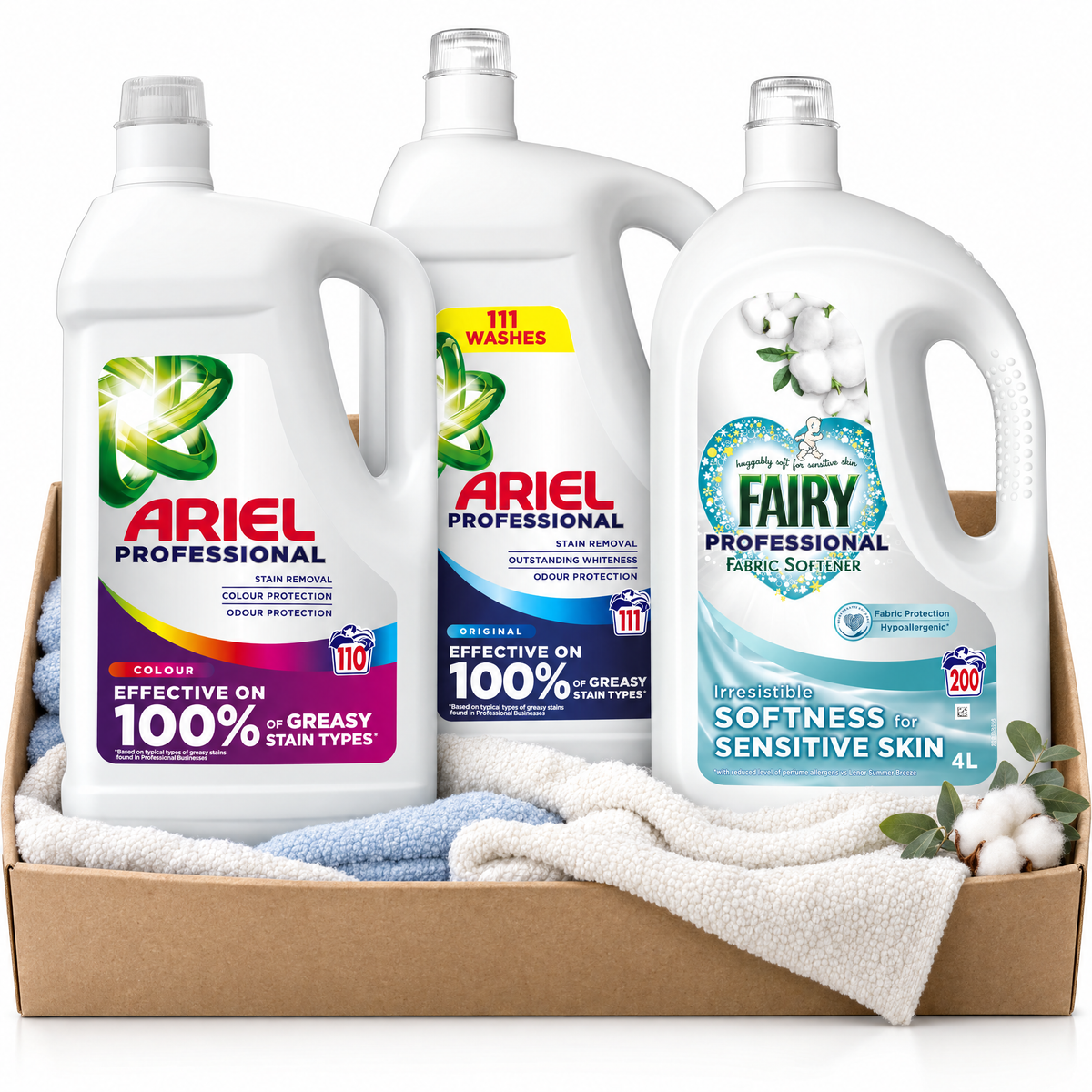 Reign Goods laundry essentials bundle includes detergent bottles, fabric softener, and stain remover for clean clothes.
