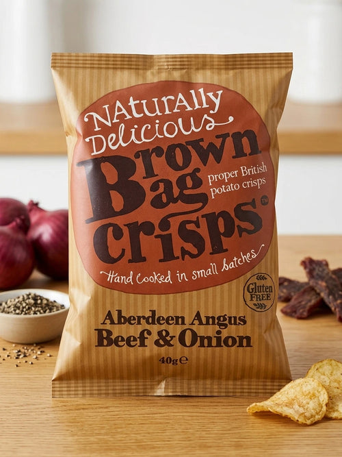 Reign Goods Brown Bag Aberdeen Angus Beef and Onion Crisps, gourmet hand-cooked potato snacks in a 40g multipack.