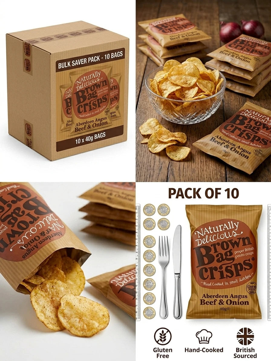 Reign Goods Brown Bag Aberdeen Angus Beef and Onion Crisps 40g, gourmet hand-cooked potato snacks with beef and onion flavor.