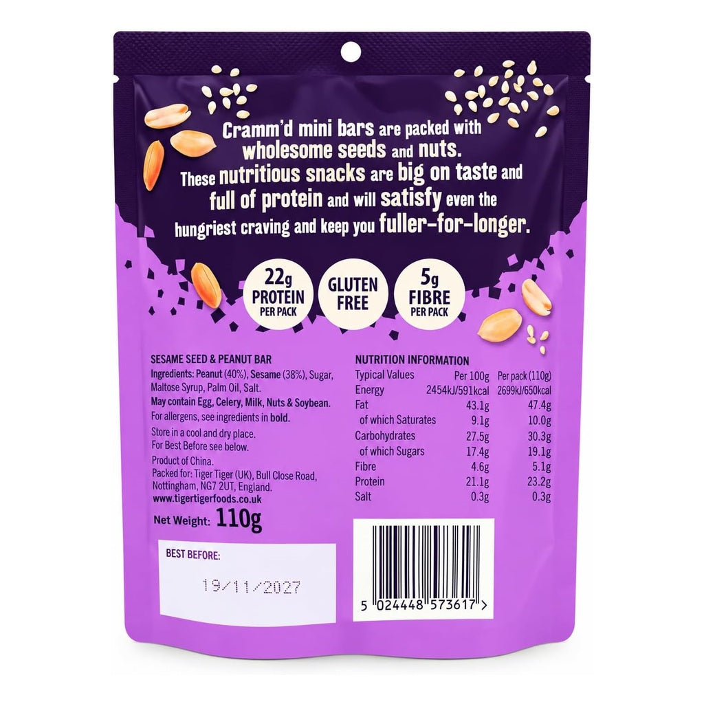 Cramm’d Mini Crispy Protein Bars with sesame, pumpkin, and mixed seeds in a multipack, showing the snack bars with seed toppings.