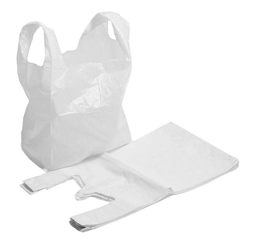 Heavy duty white plastic carrier bag with block bottom, 10x15.5x12 inches, from Majestic, used for takeaway and retail deliveries