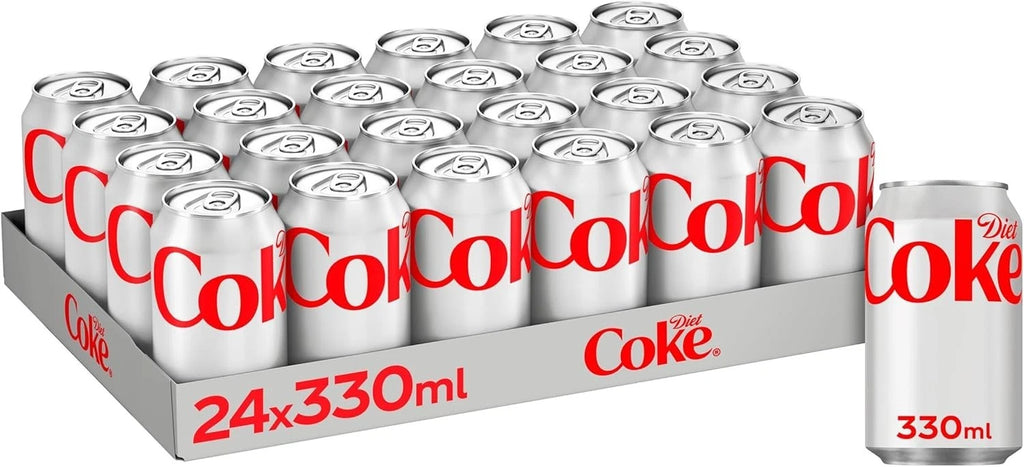 Case of 24 Coca-Cola Diet Coke 330ml cans, zero sugar fizzy soft drinks, stacked with visible cans showing branding
