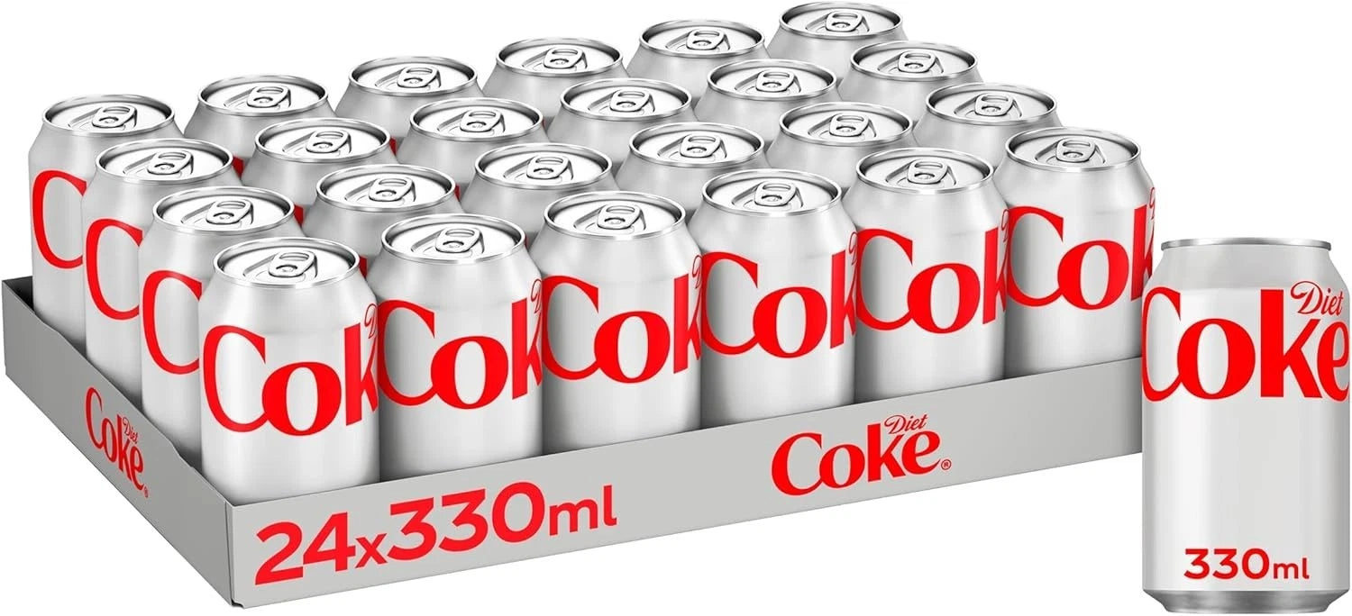 Case of 24 Coca-Cola Diet Coke 330ml cans, zero sugar fizzy soft drinks, stacked with visible cans showing branding