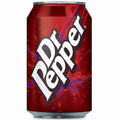 Case of 24 Coca-Cola Dr Pepper 330ml cans, fizzy soft drinks with distinctive labels, stacked in a retail display.