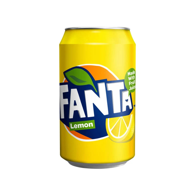 Case of 24 Coca-Cola Fanta Lemon 330ml cans, fizzy soft drinks with bright yellow branding and lemon flavor.