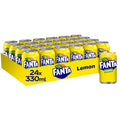 Case of 24 Coca-Cola Fanta Lemon 330ml cans, fizzy soft drinks with bright yellow lemon flavor and colorful branding.