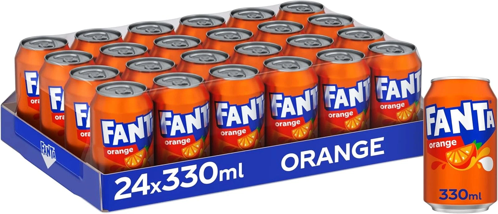 Case of 24 Coca-Cola Fanta Orange 330ml cans, fizzy soft drink with bright orange color and labeled branding on the cans.