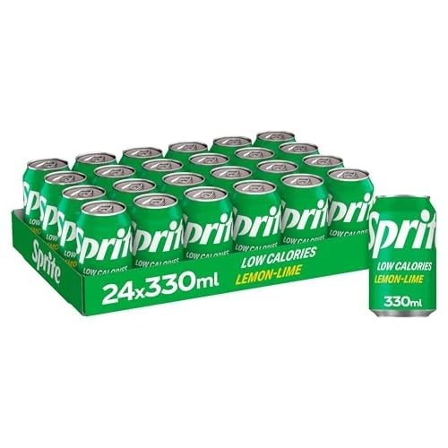 Case of 24 Coca-Cola Sprite Lemon & Lime 330ml cans, fizzy soft drinks with refreshing lemon-lime flavor.