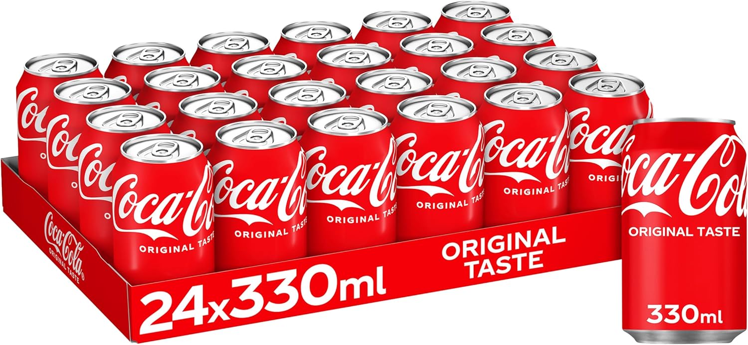 Full case of 24 Coca-Cola Original Taste 330ml cans, classic soft drinks in a cardboard case.