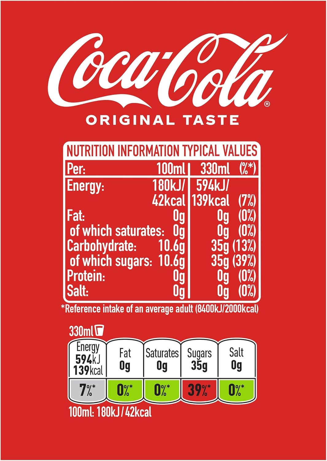 Full case of 24 Coca-Cola Original Taste 330ml soft drink cans, stacked together with red branding and classic logo visible.