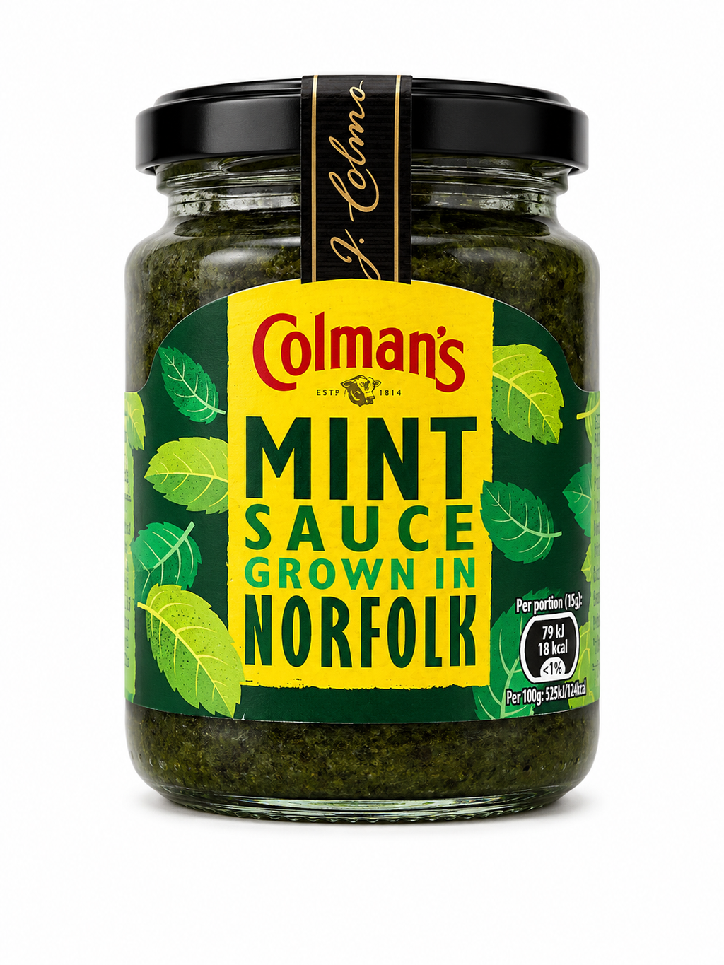 Two jars of Colman's Mint Sauce 165g, classic British mint sauce in glass jars with green caps, showcasing fresh mint leaves.