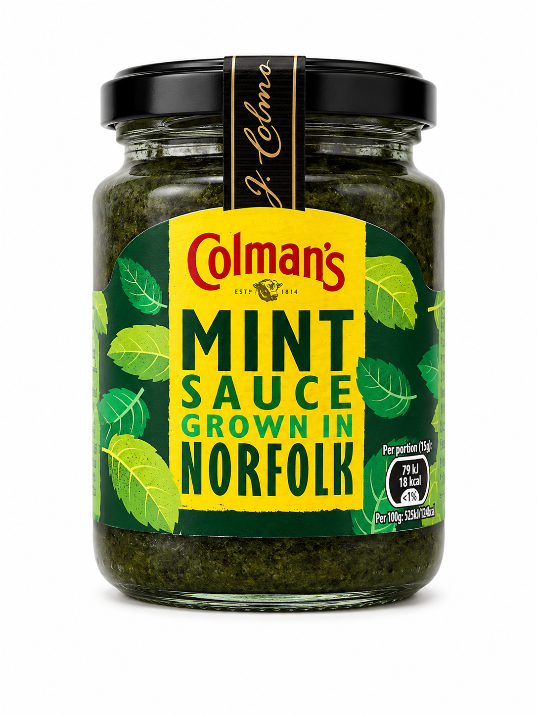 Two jars of Colman's Mint Sauce 165g, classic British mint sauce in glass jars with green caps, showcasing fresh mint leaves.