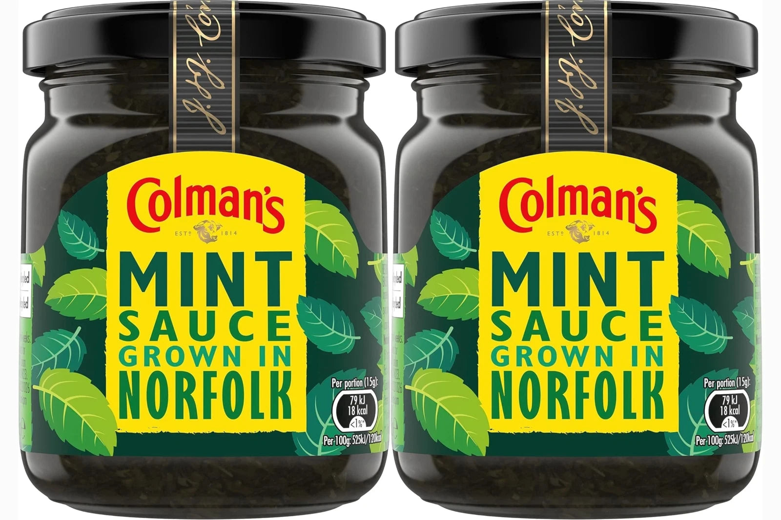 Two bottles of Colman's Mint Sauce 165g, classic British mint sauce in clear glass bottles with green labels.