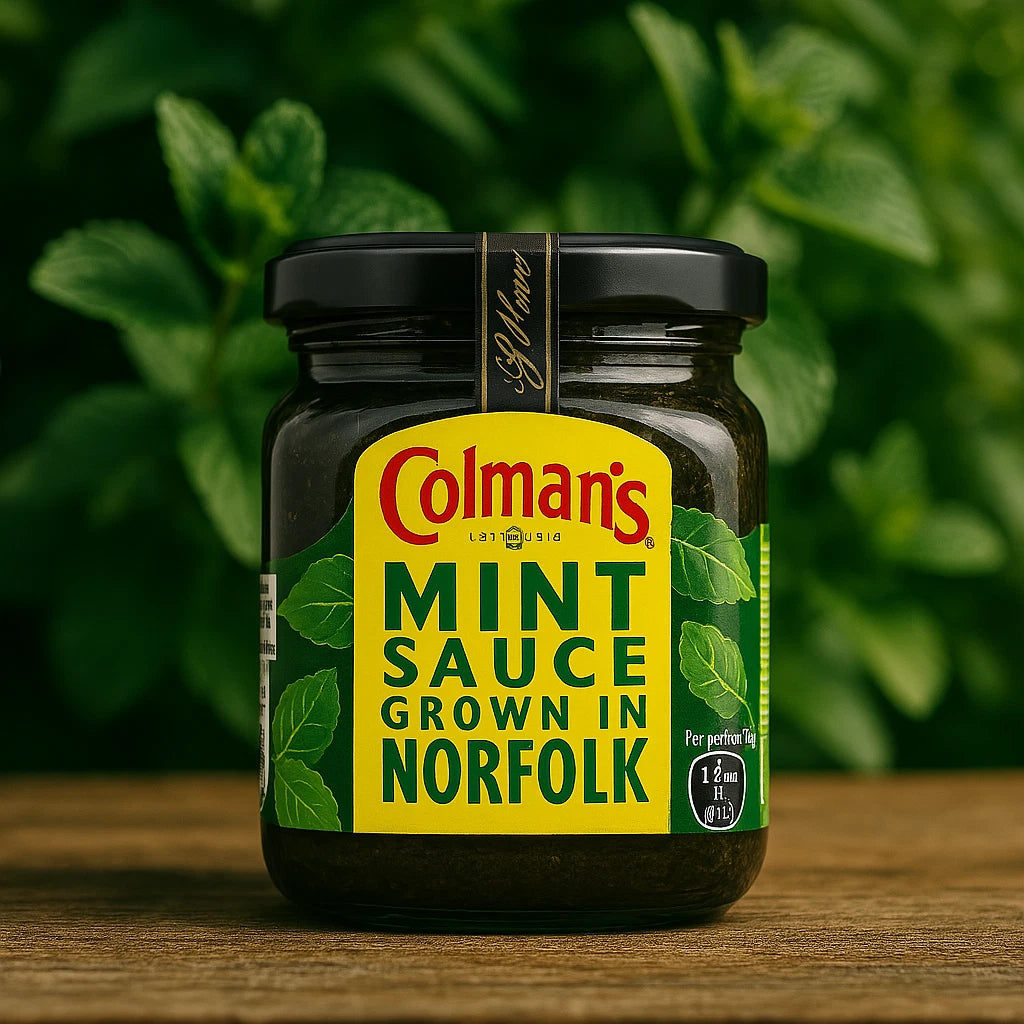 Two bottles of Colman's Mint Sauce 165g, classic British mint sauce in glass bottles with green labels.