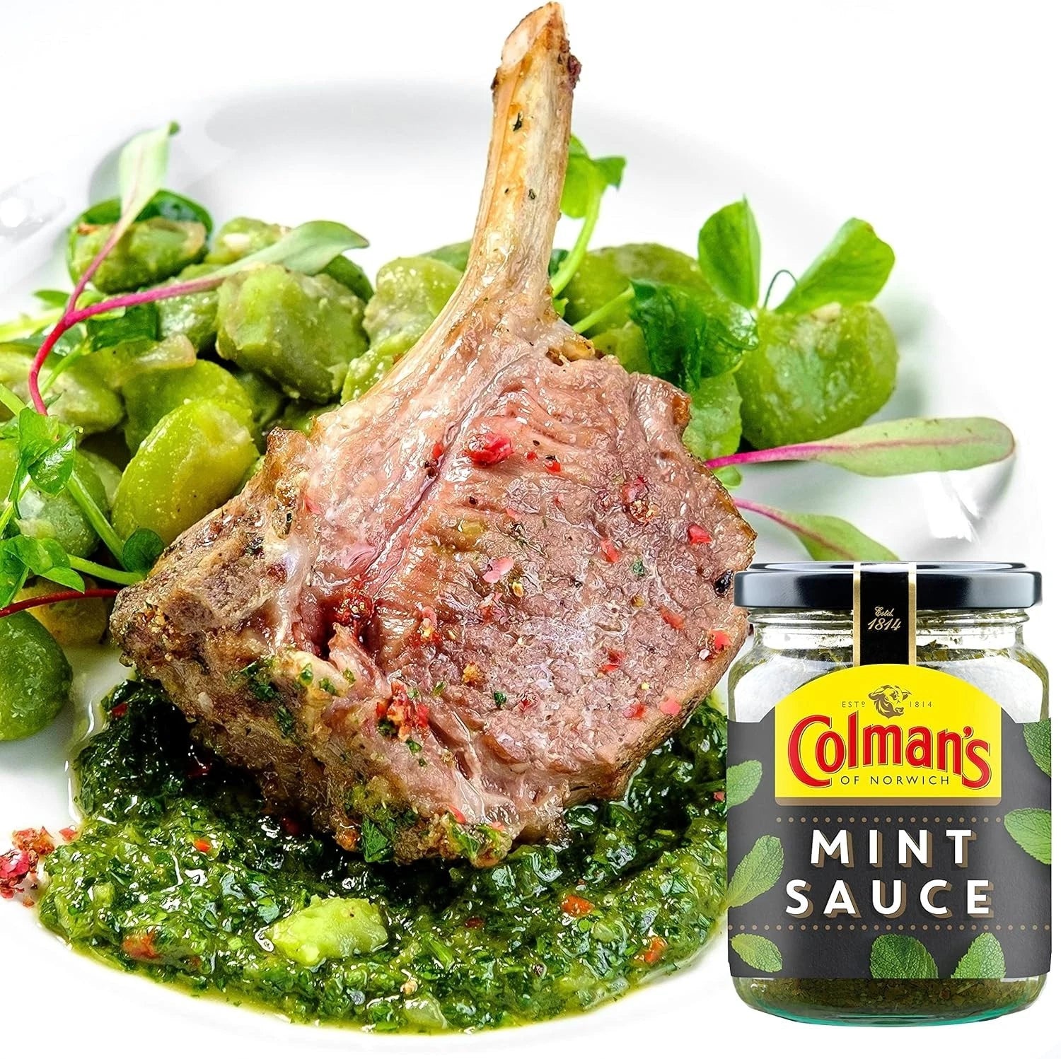 Two bottles of Colman's Mint Sauce 165g, classic British mint sauce in clear glass bottles with green labels.