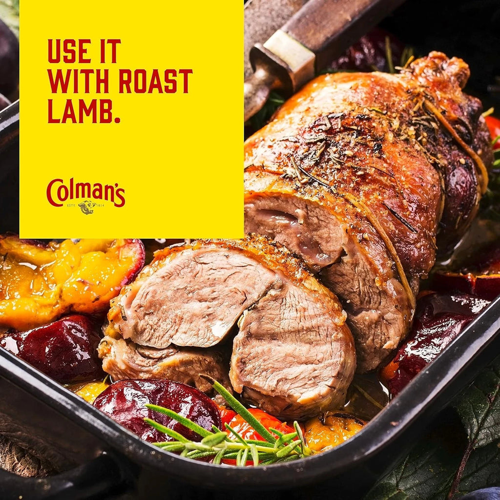 Two bottles of Colman's Mint Sauce in 165g packs, classic British mint sauce with fresh green herbs and a white label.