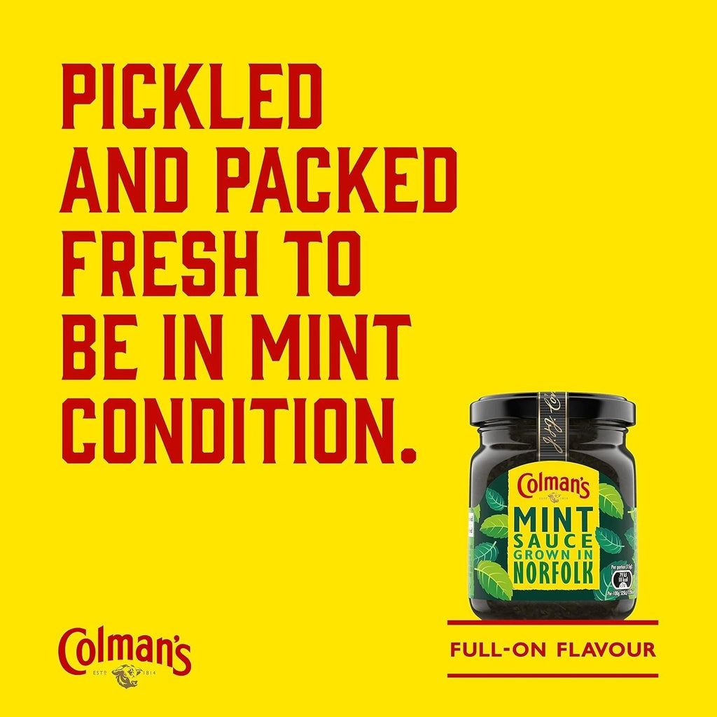 Two bottles of Colman's Mint Sauce, 165g each, classic British mint sauce for enhancing roast lamb and traditional dishes.
