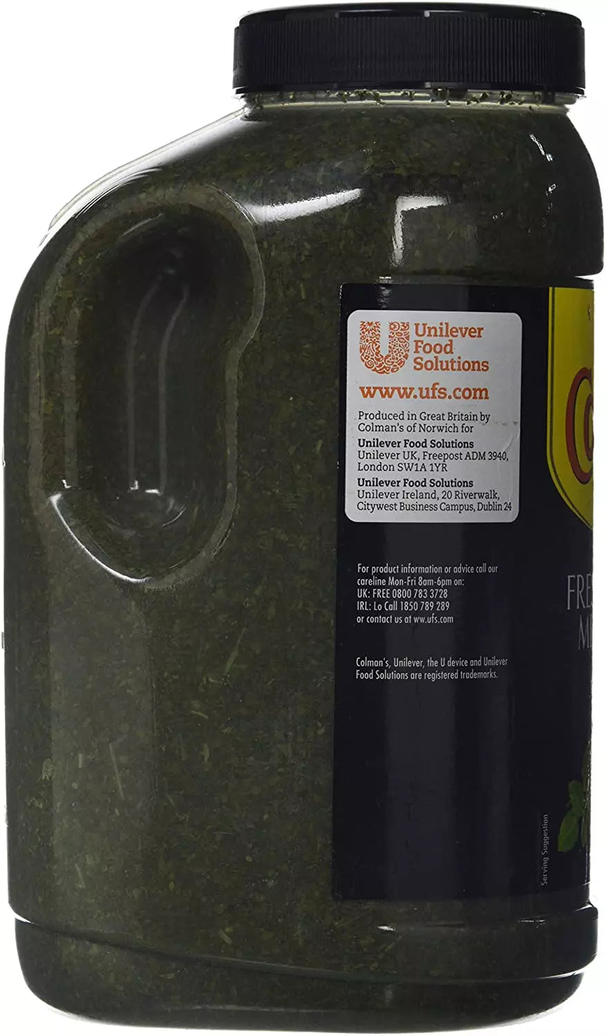 Colman's Garden Mint Sauce 2.25L bottle, a classic British condiment with fresh mint leaves and a rich sauce appearance.