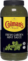 Colman's Garden Mint Sauce 2.25L bulk bottle, classic British condiment with fresh mint leaves and rich sauce in a large container.
