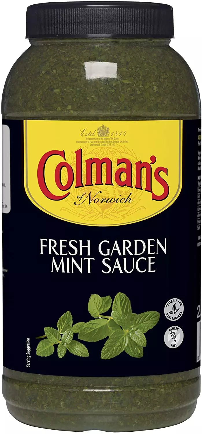 Colman's Garden Mint Sauce 2.25L bulk bottle, classic British condiment with fresh mint leaves and rich sauce in a large container.