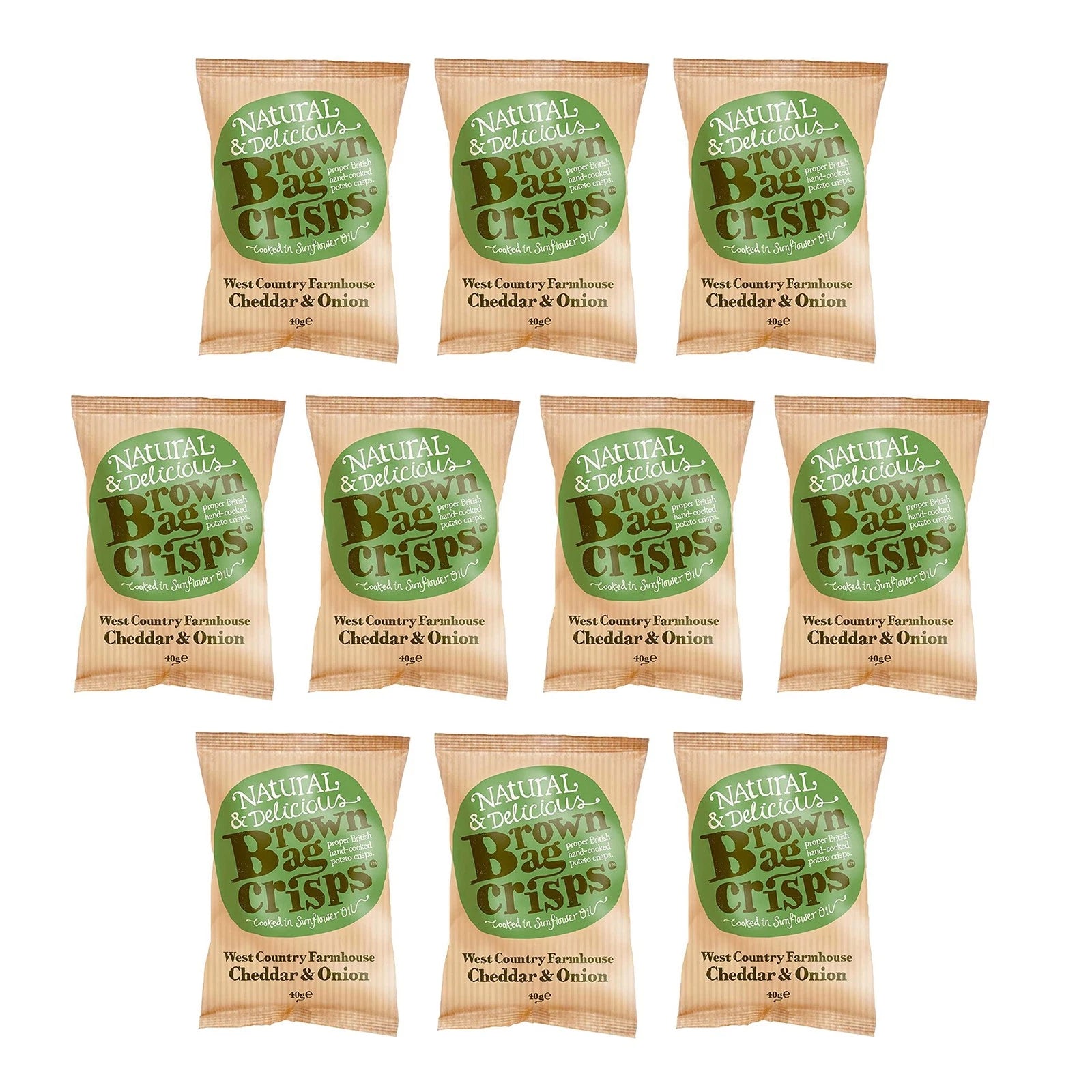 Pack of ten Brown Bag Crisps in 40g bags, featuring West Country Farmhouse Cheddar & Onion flavor, crispy snack for on-the-go.