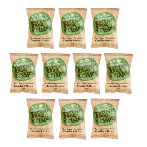 Pack of ten Brown Bag Crisps in 40g bags, featuring West Country Farmhouse Cheddar & Onion flavor, crispy snack for on-the-go.