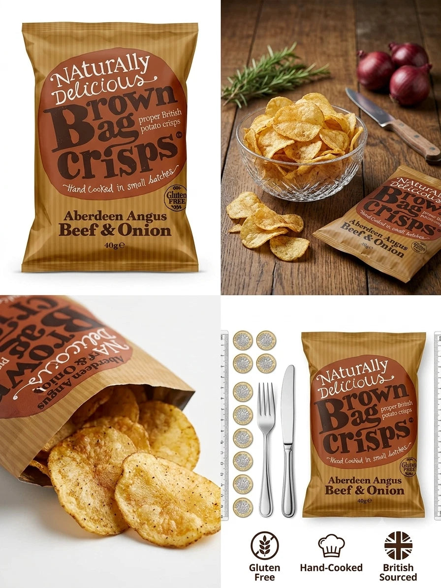 Reign Goods Brown Bag Aberdeen Angus Beef & Onion Crisps, 40g gourmet hand-cooked potato snack in a multipack.