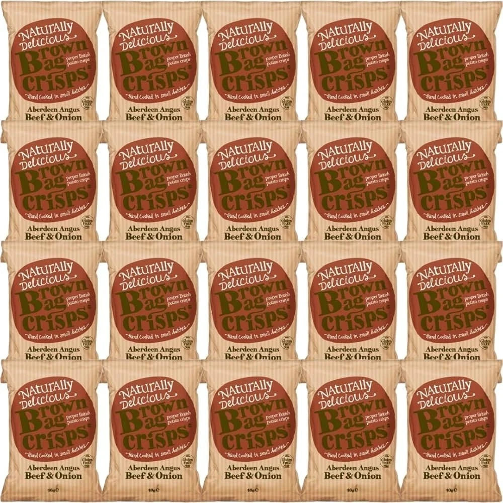 Reign Goods Brown Bag Aberdeen Angus Beef and Onion Crisps, gourmet hand-cooked potato snack in 40g multipack.