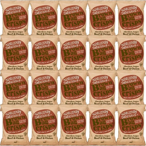 Reign Goods Brown Bag Aberdeen Angus Beef and Onion Crisps, gourmet hand-cooked potato snack in 40g multipack.