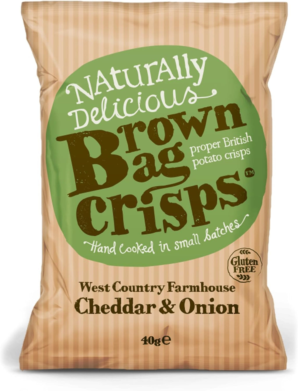 Brown Bag Crisps West Country Farmhouse Cheddar & Onion snack pack, 40g, showing crispy chips in a colorful bag.