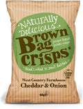 Brown Bag Crisps West Country Farmhouse Cheddar & Onion snack pack, 40g, showing crispy chips in a colorful bag.