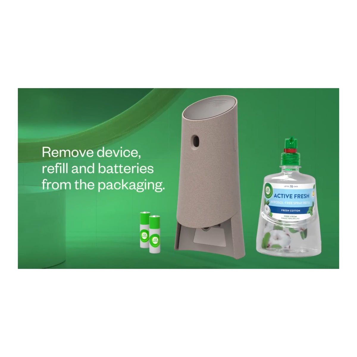 Air Wick Freshmatic Autospray Air Freshener Kit with Cherry Blossom or Eucalyptus & Freesia scent, featuring sleek dispenser and refill can.