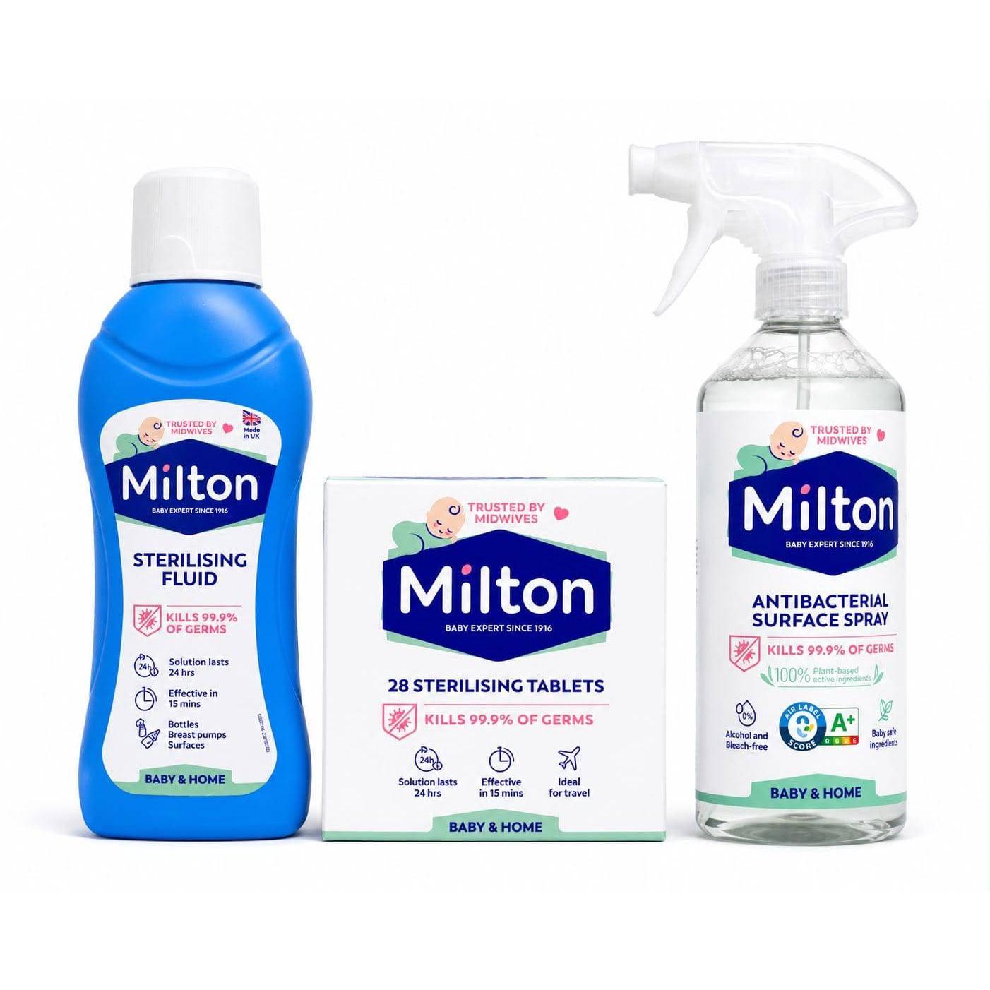 Milton antibacterial surface spray 500ml bottle, baby-safe disinfectant, shown in a multipack with spray nozzle and label visible.