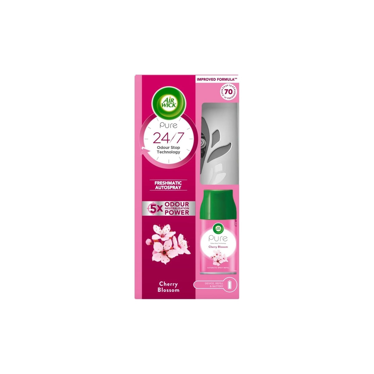 Air Wick Freshmatic Autospray air freshener kit featuring cherry blossom or eucalyptus & freesia scents, shown in the image.