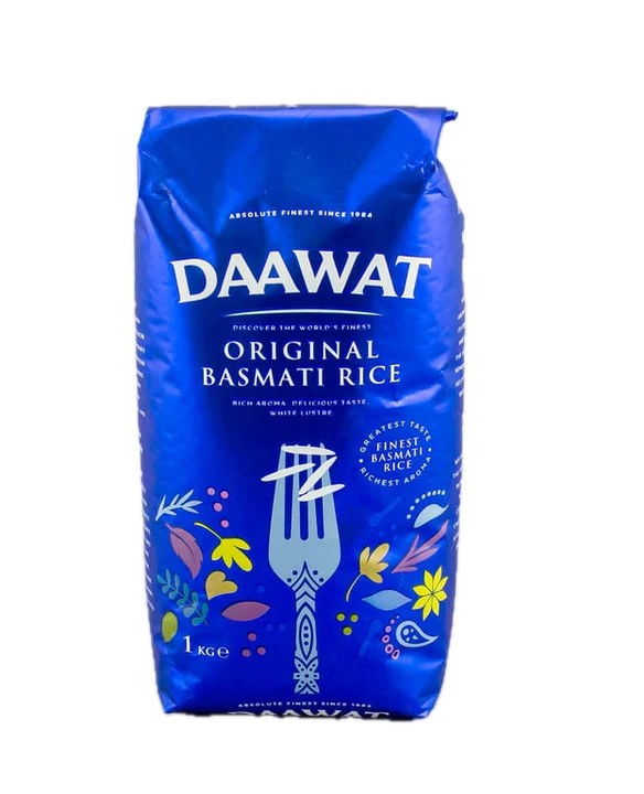 Daawat Original Basmati Rice grains in 10kg bag, featuring aged and aromatic long-grain rice for flavorful dishes