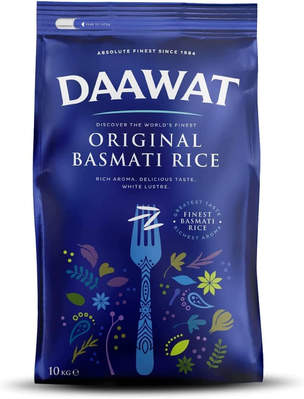 A 10kg bag of Daawat Original Basmati Rice with aged, aromatic grains, shown alongside a 1kg package of rice.