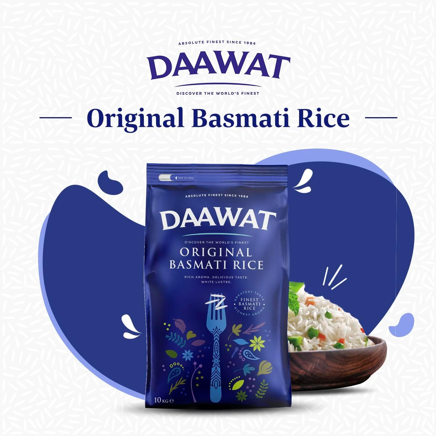 A 10kg bag of Daawat Original Basmati Rice, aged and aromatic, with a close-up of rice grains in a natural setting.