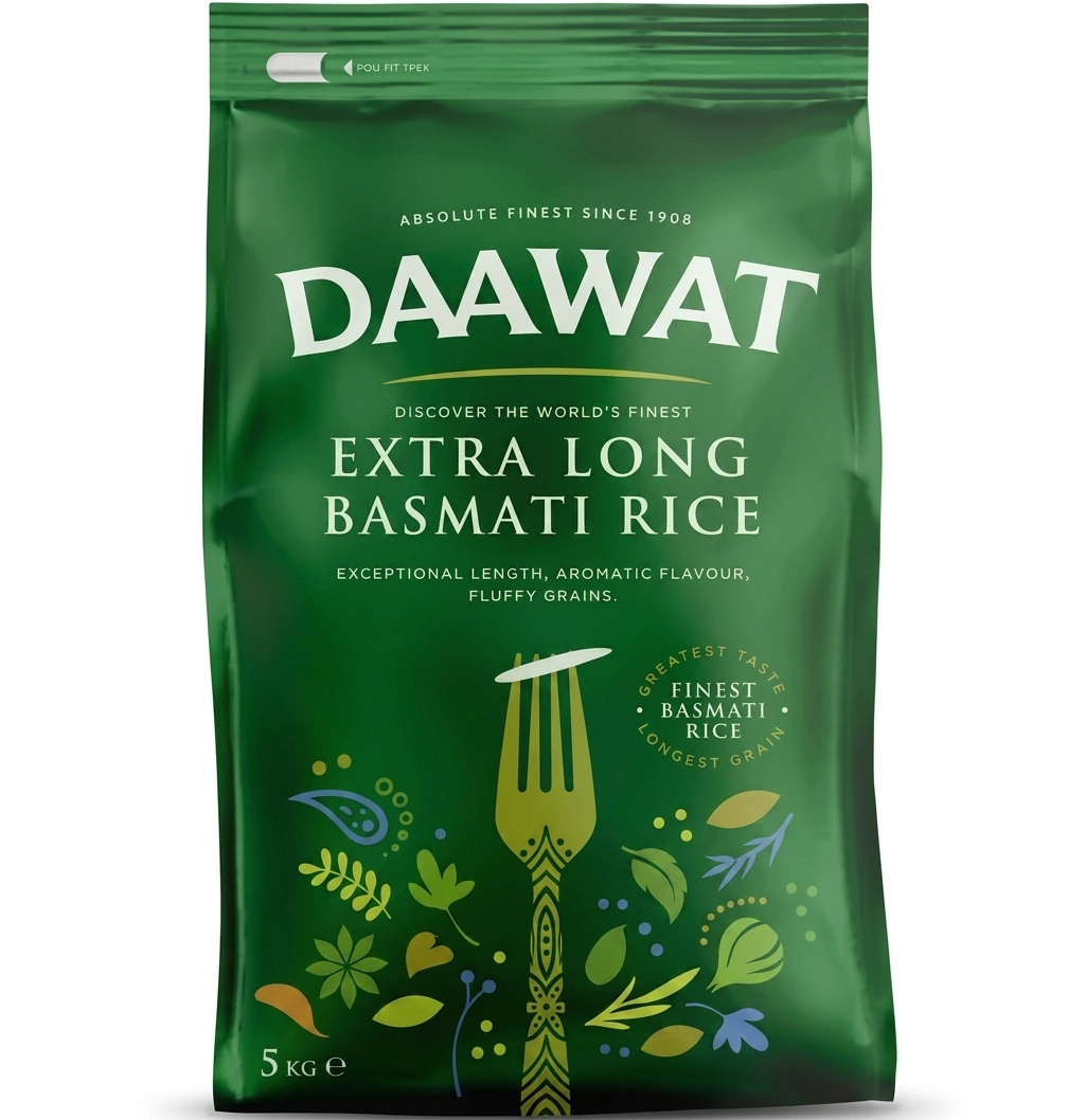 Daawat Extra Long Basmati Rice grains in a 5kg bag, showcasing aged long grains in a natural setting.