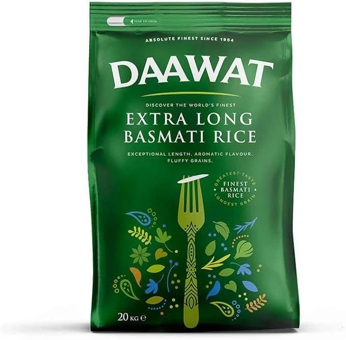 Daawat extra long Basmati rice grains in 5kg, 10kg, or 20kg bags, showing aged, long, slender rice grains on a white background.