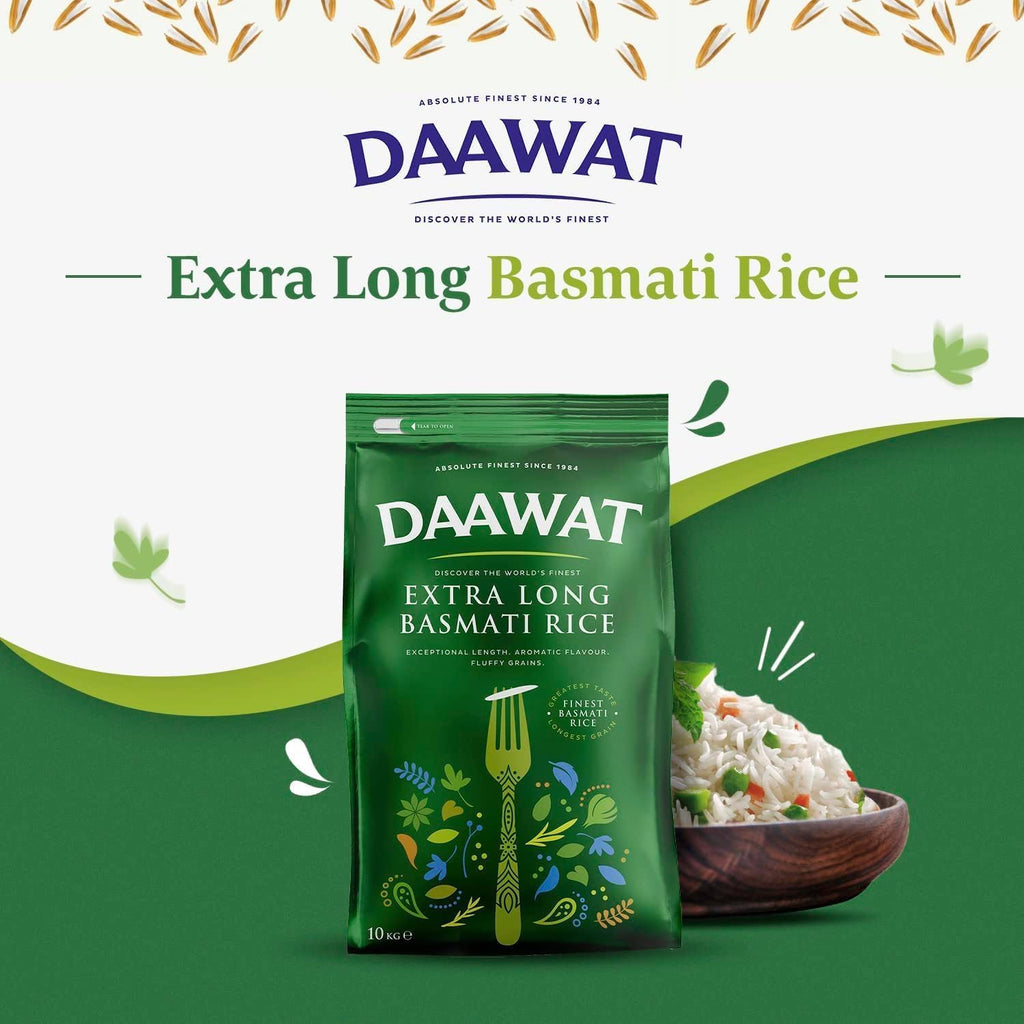 Daawat Extra Long Basmati Rice grains in a 5kg bag, showcasing aged, slender rice grains ideal for aromatic dishes.