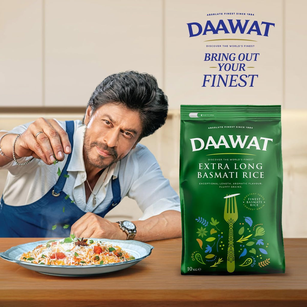 Daawat Extra Long Basmati Rice grains in 5kg, 10kg, or 20kg bags, showcasing aged, premium rice with slender grains.