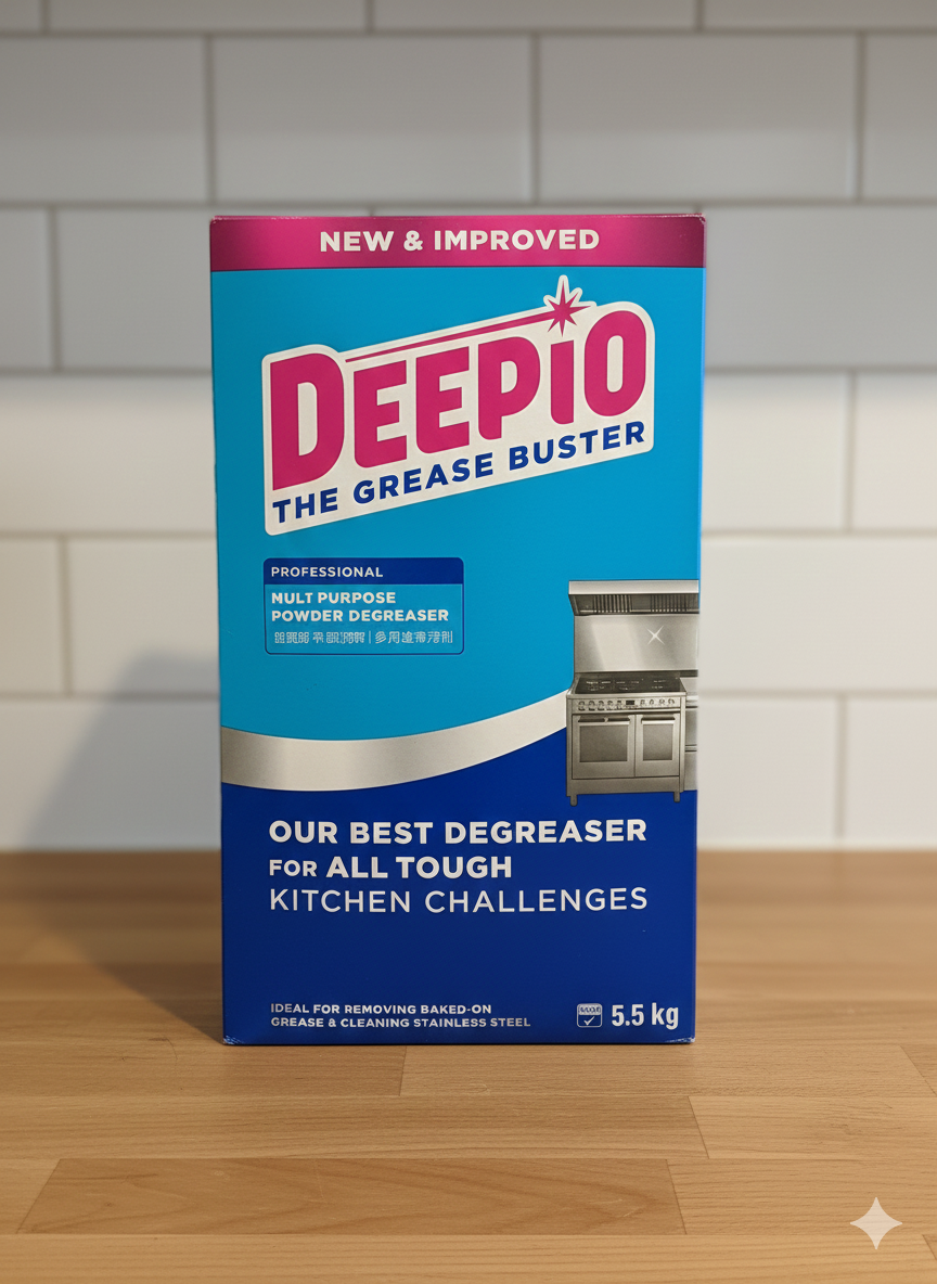Deepio Professional Powder Degreaser 5.5kg, heavy-duty kitchen cleaner for grease and grime removal in commercial kitchens.